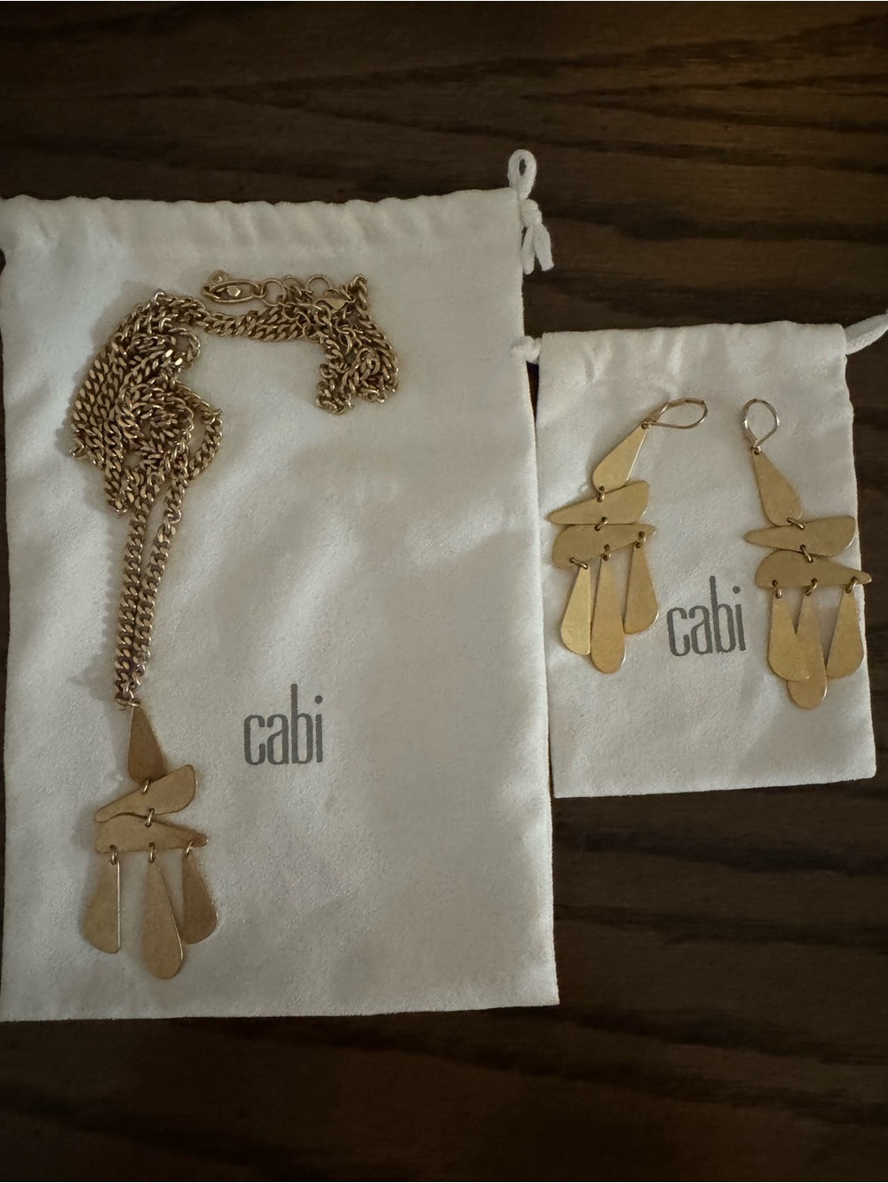 CAbi Gold-Tone Layered Teardrop Pendant Necklace with Matching Dangle Earrings